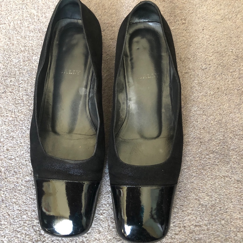 Bally Trives flats, black suade, patent cap toe